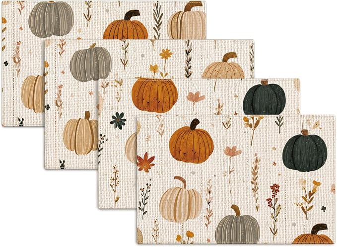 Fall Placemats Set of 4, Pumpkin Maple Leaf Autumn Table Mats 12x18 Inch | by Unknown