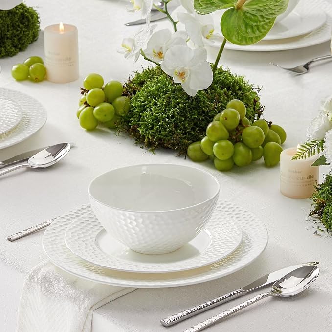 12Pcs Hammered Rim White Bone China Set, Service - Image 6
