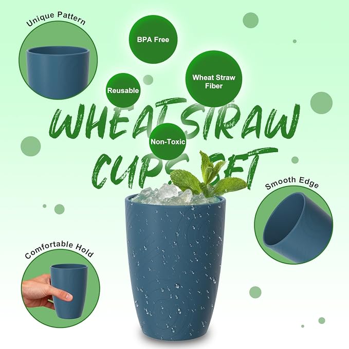 Wheat Straw Drinking Cups Set of 6, 16 OZ Unbreakable & Lightweight Plastic - Image 3