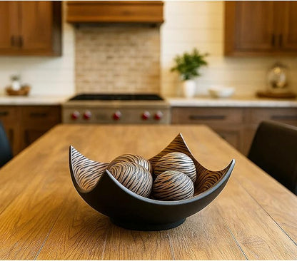 Seraphic 5pc Large Decorative Scoop Bowl Set with Stylish Orbs/Balls – Elegant Centerpiece for Dining/Kitchen Table, Living Room, or Office Decor, 14" diagonal. 11" wide and 5.75" tall, Brown