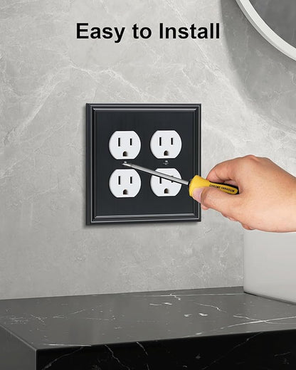 2-Pack Double Duplex Outlet Cover, Black Decorative Switch Plates and Outlet Covers for Electrical Outlets, Durable Zinc Alloy Wall Plates, 2 Gang Receptacle Cover, Corrosion Resistant