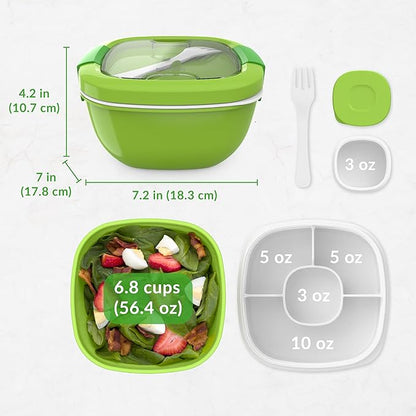 Bentgo Salad Container - 54 oz Bowl with 4-Compartment Toppings Tray, Leak-Proof Dressing Container, Reusable Fork, BPA-Free Lunch Box for Meal Prep & Food Storage; Removable Bento Tray (Green)