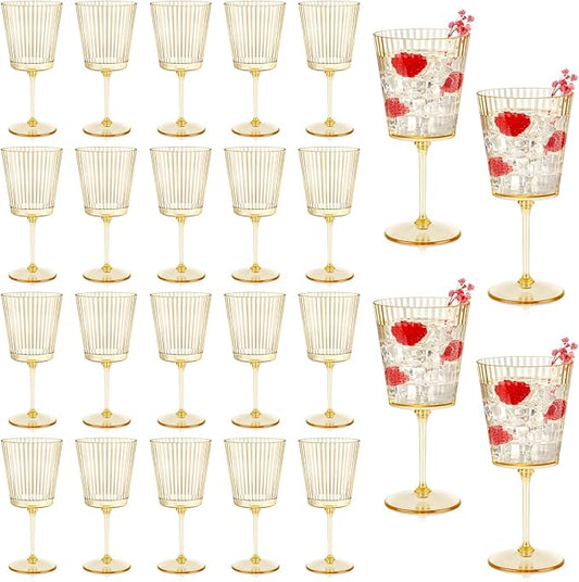 24 PCS Gold Ribbed Plastic Wine Glasses 13.5 OZ Ribbed Wine Glasses Detachable Wine Glass Elegant Fluted Glassware Vintage Style for Wedding Anniversary Birthday Dinner Parties