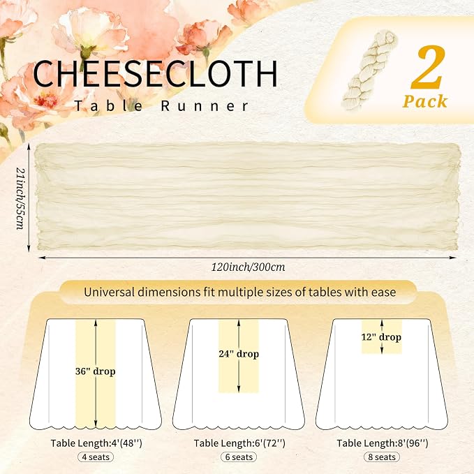 Showgeous 2 Pack Beige Cheesecloth Table Runners Boho Wedding Decor | Rustic - Image 2