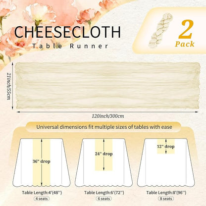 Showgeous 2 Pack Beige Cheesecloth Table Runners Boho Wedding Decor | Rustic - Image 2