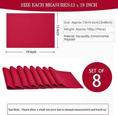 Cloth Place Mats Set of 8–Reusable Rectangular Waterproof Fabric Polyester Washable Wipeable Heat Resistant Linen for Kitchen Dining Dinner Restaurant Wedding Table(DarkRed/13x19 Inch)