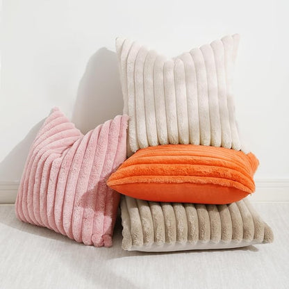 decorUhome Cozy Faux Fur Throw Pillow Covers 24x24 Set of 2 Decorative Soft Plush Striped Modern Farmhouse Boho Couch Euro Sham Pillow Cases with Velvet Back for Sofa Bed Living Room, Beige