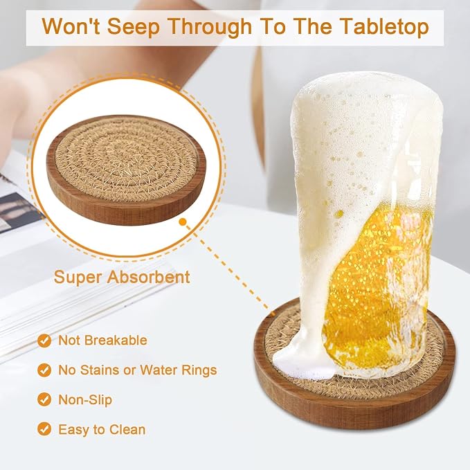 Wood Coasters for Drinks, Eykao Absorbent Coaster Sets of 5, Woven Drink - Image 2
