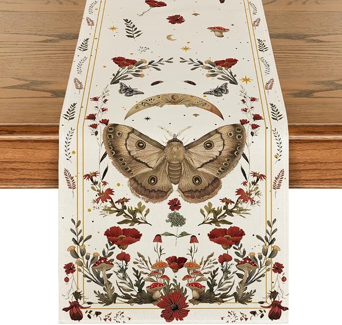 Artoid Mode Beige Poppy Moth Mushroom Moon Fall Table Runner, Seasonal Autumn by ArtoidMode