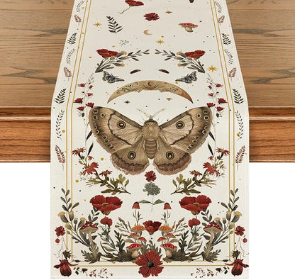 Artoid Mode Beige Poppy Moth Mushroom Moon Fall Table Runner, Seasonal Autumn by ArtoidMode