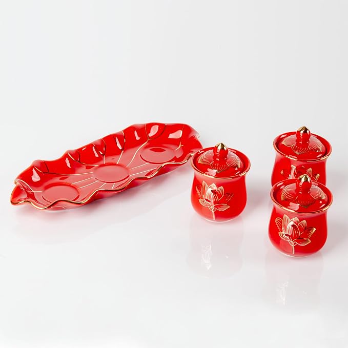 QINLANG Red Buddhist 3 Altar Cups Set, Buddha Water Cup Set of 3, Ceramic Holy - Image 5