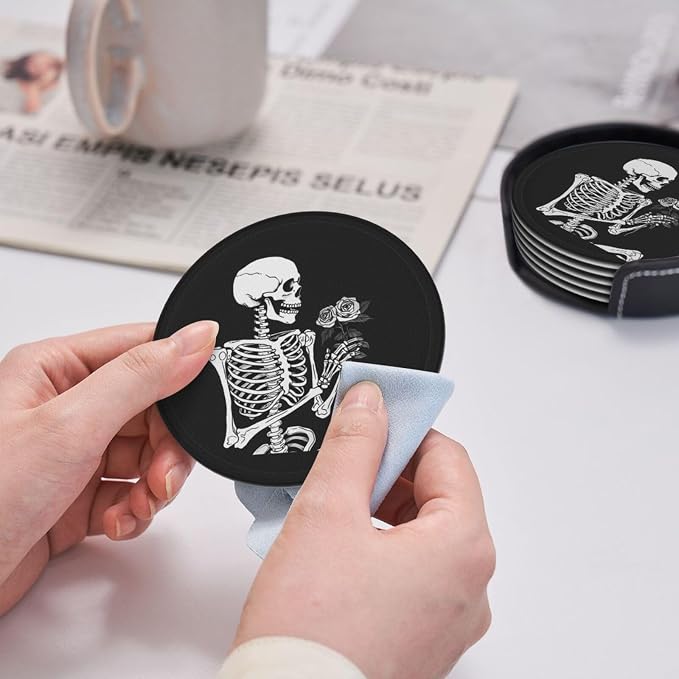 Roses Skeleton Skull Rock and Roll Leather Coasters Set of 6 - Image 5