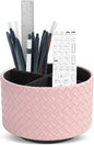 Hennaja Round Leather Art Supply Organizer,Remote Control Holder,360 Degree Spinning,Multi-Functional Pencil Holder,4 Compartments Desktop Stationary Organizer(1-Weave Pink)
