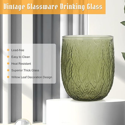 Topsky Vintage Colored Glassware Set of 6,12 oz Green Willow Leaf Drinking Glasses Set,Blue Drinkware Glasses for Wine,Cocktail,juice,Heavy Duty Glass Cups