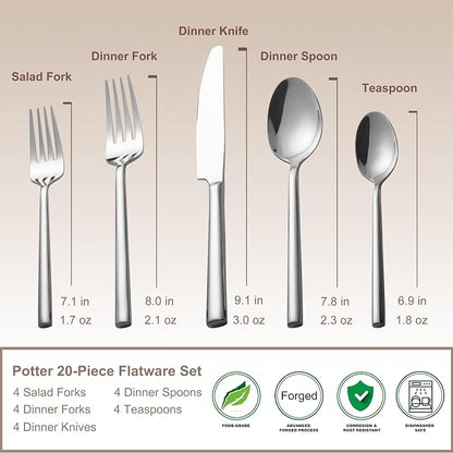 Alata Potter 20-Piece Forged Silverware Set Stainless Steel Flatware Set - Image 5