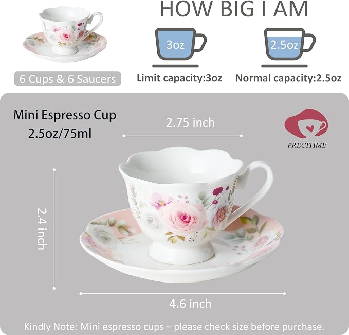 2.5oz Porcelain Demitasse Set of 6, 75ml Pink Espresso | Romantic pink floral - Image 2