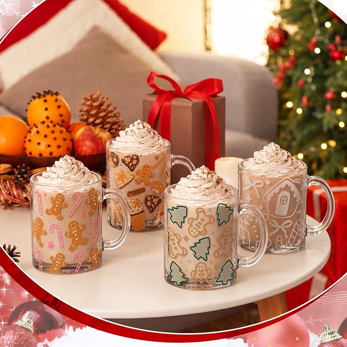 Tioncy 4 Pcs Christmas Coffee Mugs 12 oz Gingerbread Man Glass Cups - Image 6