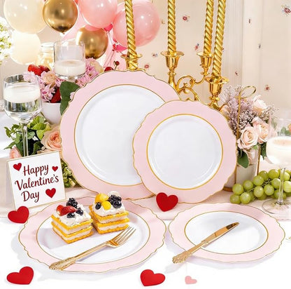 WDF 60pcs Pink Dessert Plates - 7.5inch Baroque Pink &White Disposable Dessert/Appetizer Small Cute Cake Plates for Upscale Parties &Wedding-Special for Baby Shower, Brithday, Valentine's Day