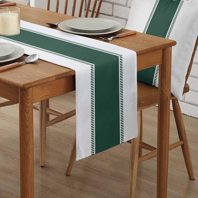 72 inches Long Green and White Table Runners, Modern Stripes Table Runner - Image 2