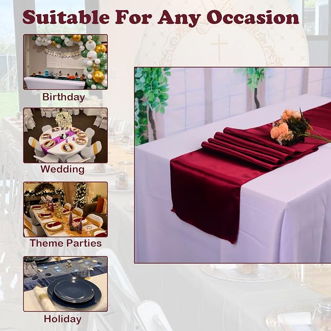 10 Pack Satin Table Runner Burgundy 12x108In Long, Bright Silk Table Runner | - Image 6