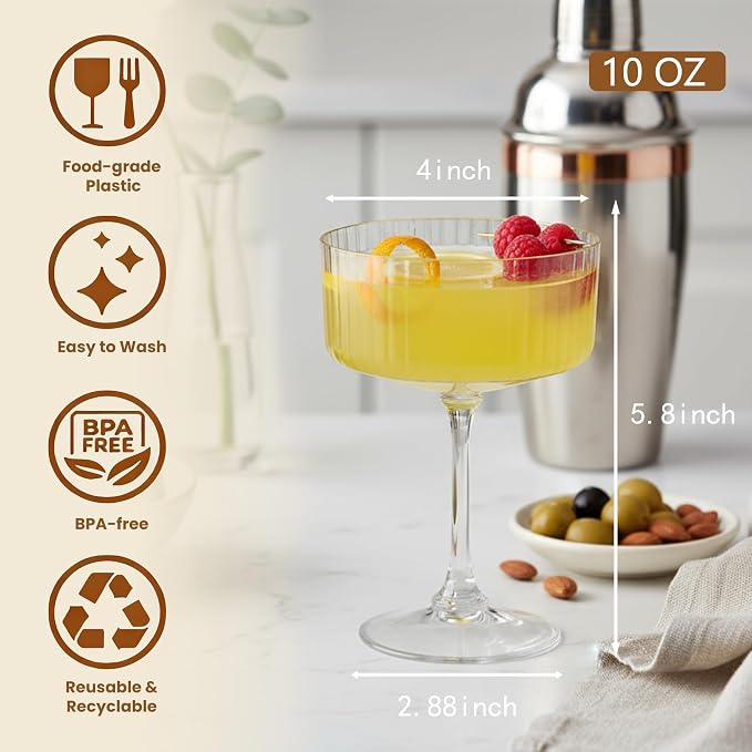 24PCS Plastic Martini Glasses Clear Disposable Coupe Glasses | 10oz, Ribbed & - Image 2