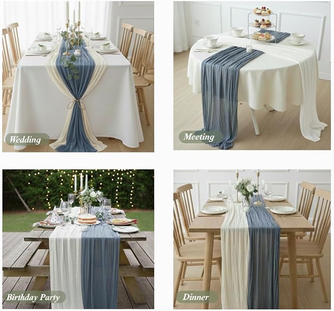Cheesecloth Table Runner 2 Pack White and Dusty Blue, Boho Gauze Table Runner - Image 4
