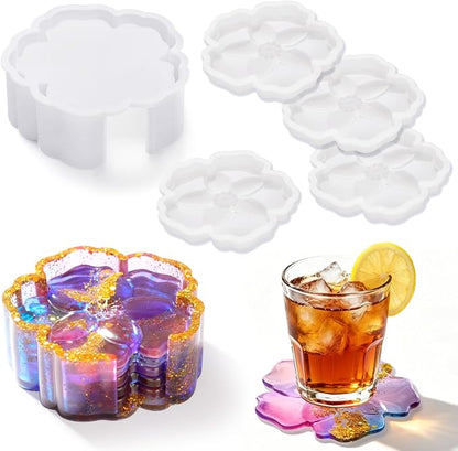 HeyClear 5Pcs Coaster Silicone Resin Molds, Flower Coaster Epoxy Resin Molds by HeyClearResin