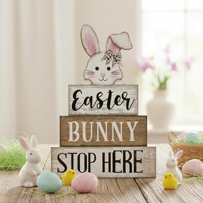 Moucuny 4 Pcs Easter Bunny Table Decoration Stacked Wooden Bunny Block Decor - Image 7