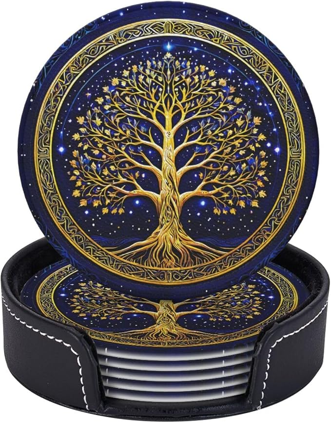 Drink Coasters with Holder Stand Set of 6, Tree of Life Gold Pu Leather by Unknown