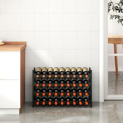 Wine Rack Freestanding Floor, Bamboo 4-Tier 33 Wine Bottle Holder Racks Countertop Cabinet Display, Wooden Stackable Modular Wine Storage Organizer Shelves for Kitchen Bar Cellar Dining Room Black