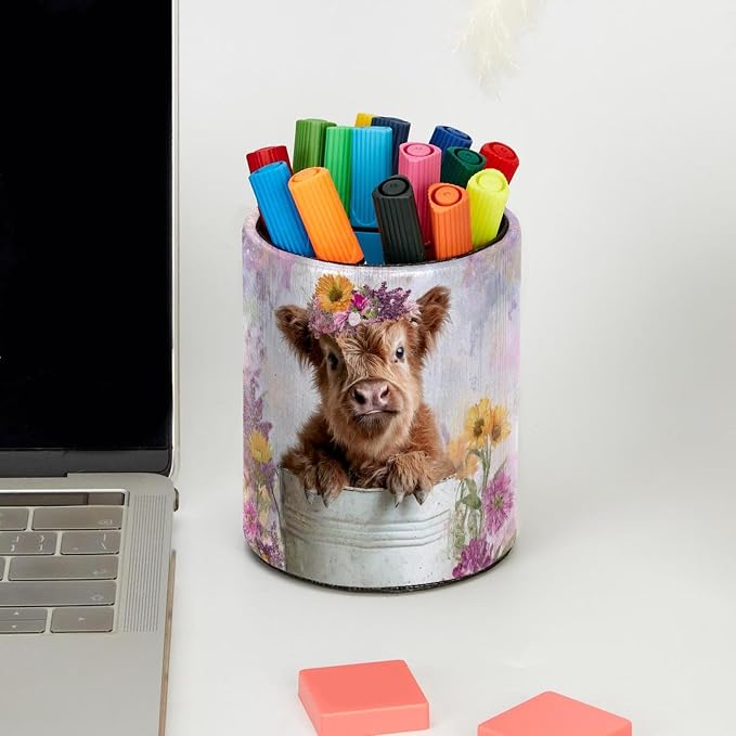 Leather Pen Holder for Desk, Highland Cow Purple Flower Pencil Cup Pen - Image 5