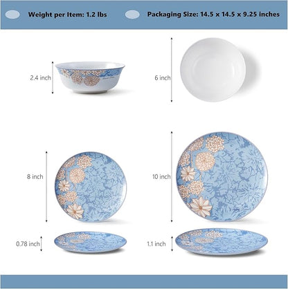 High Bone China Dinnerware Set, 12-Piece Artistic Blue Plates and Bowls, Lightweight & Chip Resistant Ceramic Service for 4, Dishwasher Safe Elegant Kitchen Dining