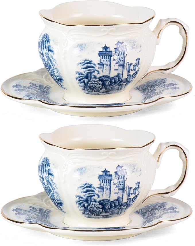 KAMMAK Tea Cups and Saucers Set of 2, 8 oz Porcelain Coffee Cups, SY001 | by KAMMAK