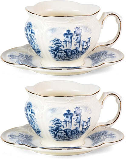 KAMMAK Tea Cups and Saucers Set of 2, 8 oz Porcelain Coffee Cups, SY001 | by KAMMAK