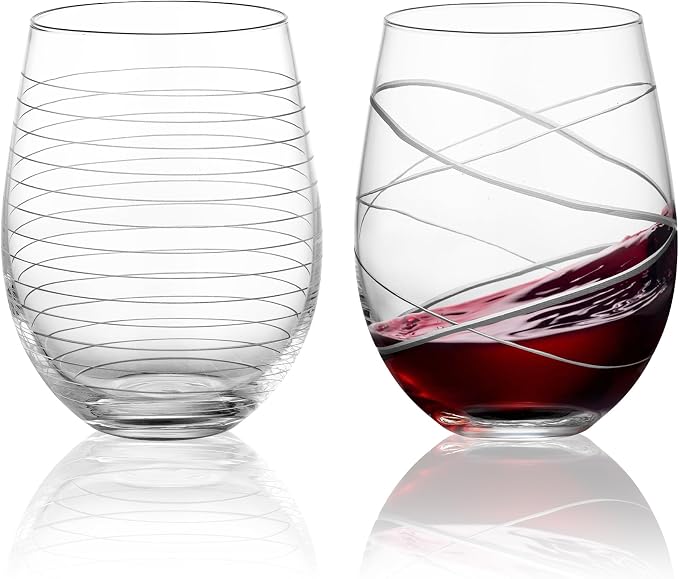 Joeyan Hand Blown Etched Stemless Wine Glasses by JoeyanHousehold