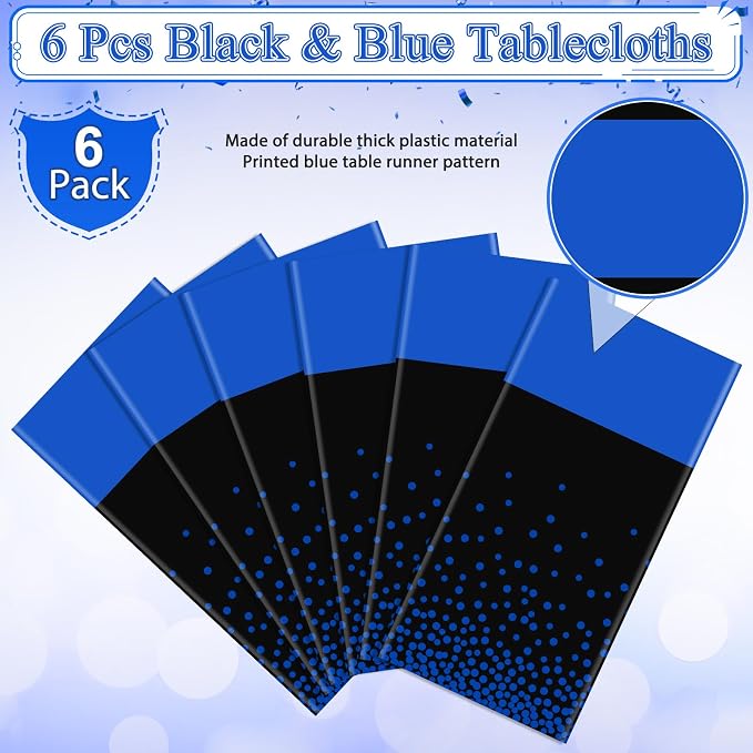 MASHAN 6Pcs Black and Blue Tablecloth Party Decorations, Plastic Black Table - Image 4