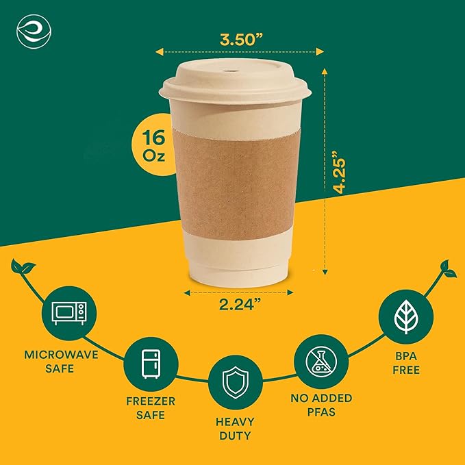 ECO SOUL 200 Pack 16 oz Disposable Coffee Cups with Lids & Sleeves Eco-Friendly, Biodegradable, Compostable, Leak-free & Sturdy To Go Hot Drink Cup for Tea, Chocolate Party Travel Cafe Office & Home
