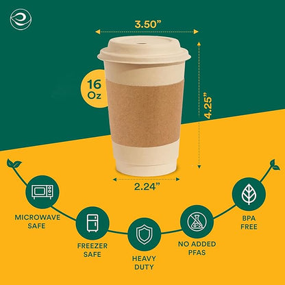 ECO SOUL 100 Pack 16 oz Disposable Coffee Cups with Lids & Sleeves Eco-Friendly, Biodegradable, Compostable, Leak-free & Sturdy To Go Hot Drink Cup for Tea, Chocolate Party Travel Cafe Office & Home