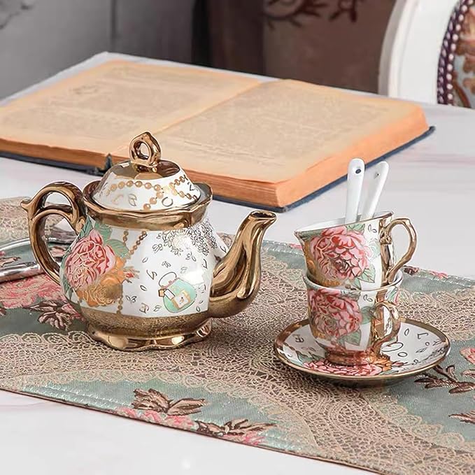 CHANJOON Gold Plated Red Rose Ceramic Tea Set, Vintage Tea Sets - Image 4
