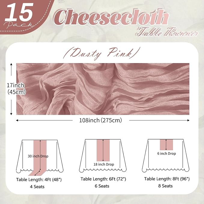 15 Pack Dusty Pink Cheesecloth Table Runner 17 x 108 inch Cheese Cloth Table - Image 2