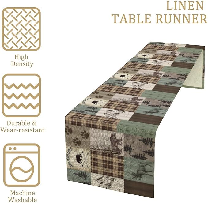 Rustic Moose Deer Bear Table Runner, Retro Vintage Bear Cottage Country Style - Image 4