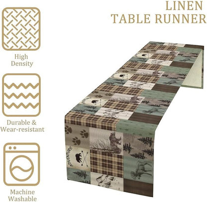 Rustic Moose Deer Bear Table Runner, Retro Vintage Bear Cottage Country Style - Image 4