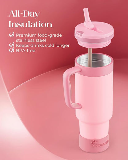 40 oz Insulated Tumbler with Handle and Push-Button Straw Lid, Stainless Steel - Image 4