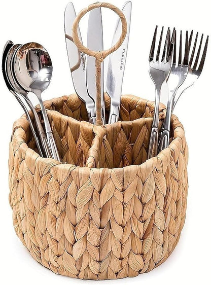 Wicker Flatware Organizer Water Hyacinth Cutlery Holder for Forks Party