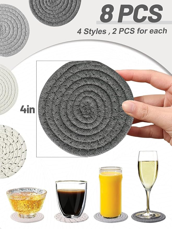Coasters Set of 8, Cotton Woven, 4.3 inches, Minimalist Home Decor, Wooden - Image 2