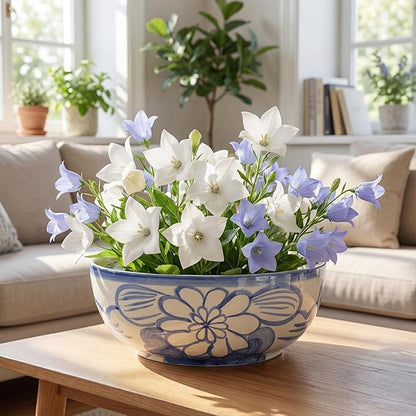 LemonRoad Large Blue and White Bowl Hand Painted Stoneware Decorative Bowls 16" x 7.7'' Floral Chinoiserie Ceramic Planter XL Pottery Porcelain Rice Bowl for Cereal Fruit Serving Kitchen Centerpiece