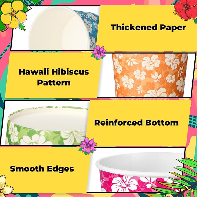 CHENGU 60 Pcs 9 oz Hawaiian Hibiscus Flower Paper Snack Cups, Disposable Floral - Image 4