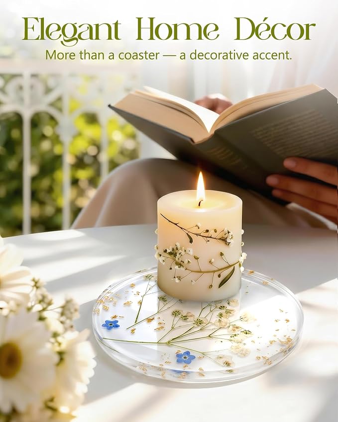 Oqplog Resin Drink Coasters for Desk Coffee Table- Elegant White Floral Dried - Image 5