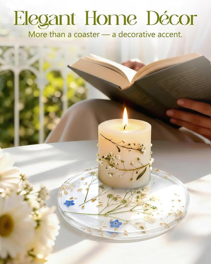 Oqplog Resin Drink Coasters for Desk Coffee Table- Elegant White Floral Dried - Image 5