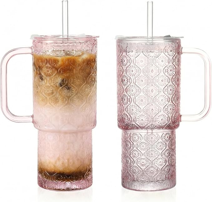 20 oz Pink Glass Tumbler with Lid and Straw, Glass Iced Coffee Cups, by Unknown